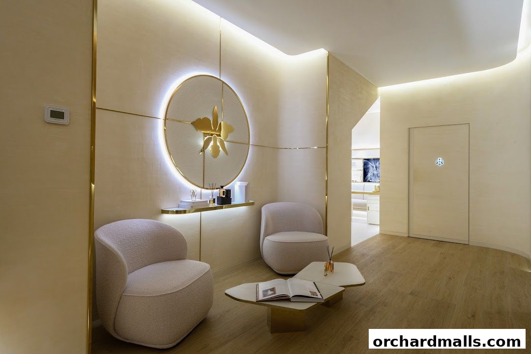 Interior of a luxurious Guerlain boutique with plush seating and elegant decor.