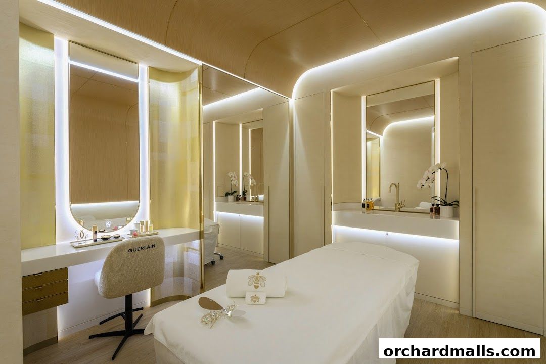 Luxurious facial suite with a massage bed, vanity, and elegant decor.