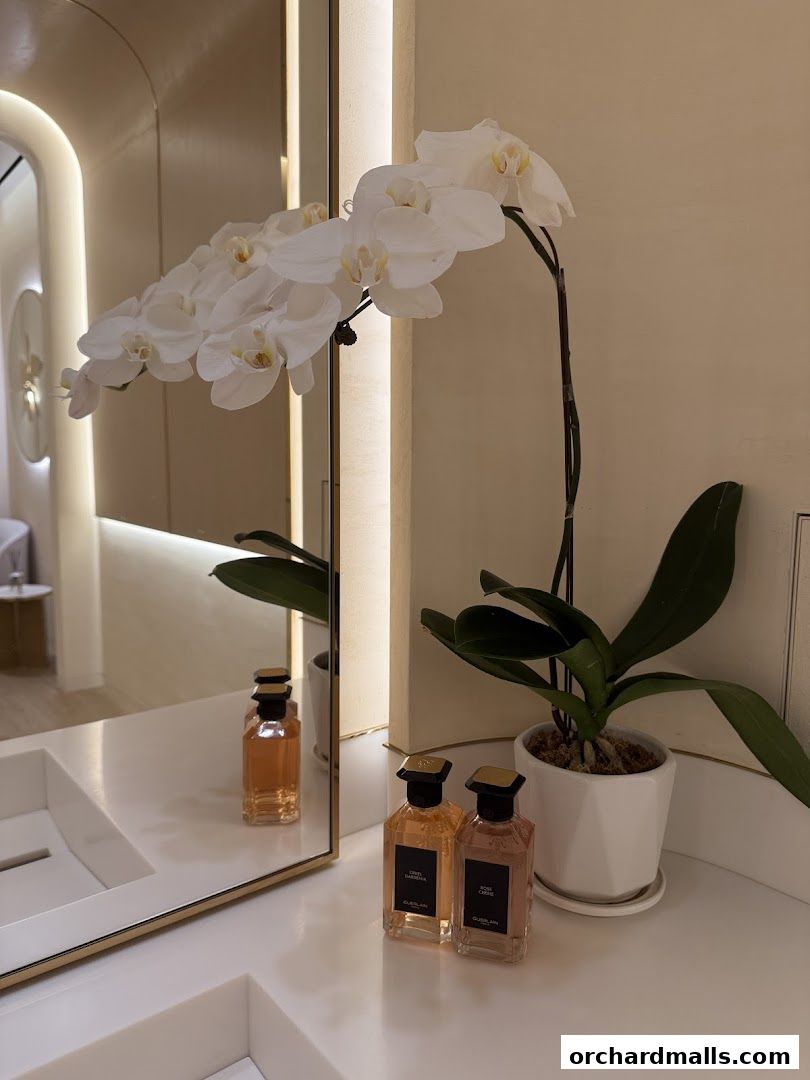 Guerlain boutique interior with perfumes and an orchid on a vanity.
