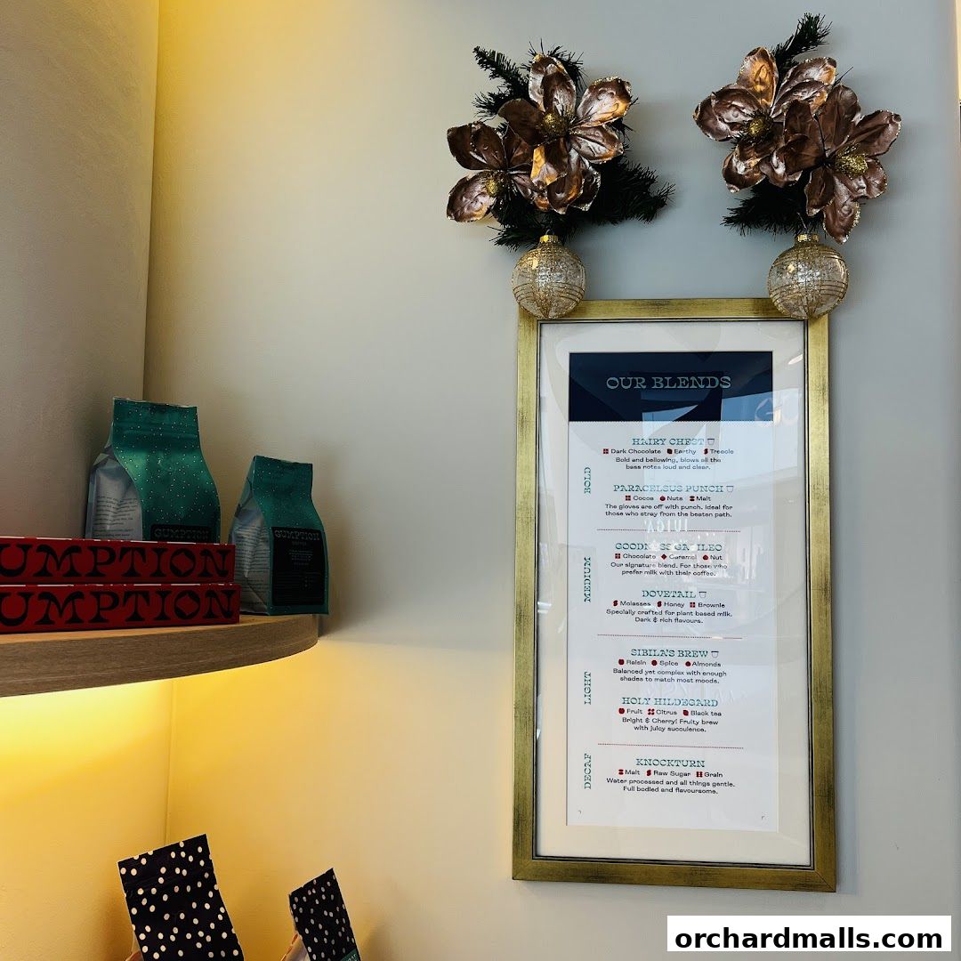 A framed menu board displaying coffee blends with descriptions and flavor profiles.