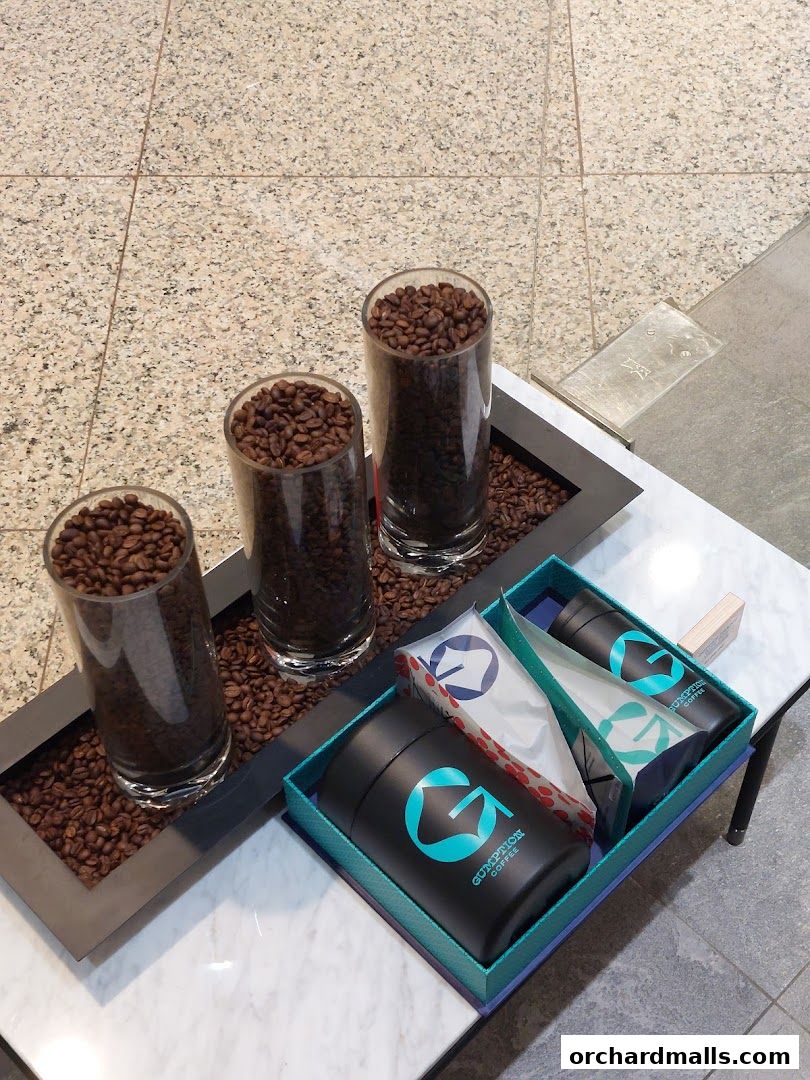 Gumption Coffee display featuring coffee beans in glasses and branded gift sets.