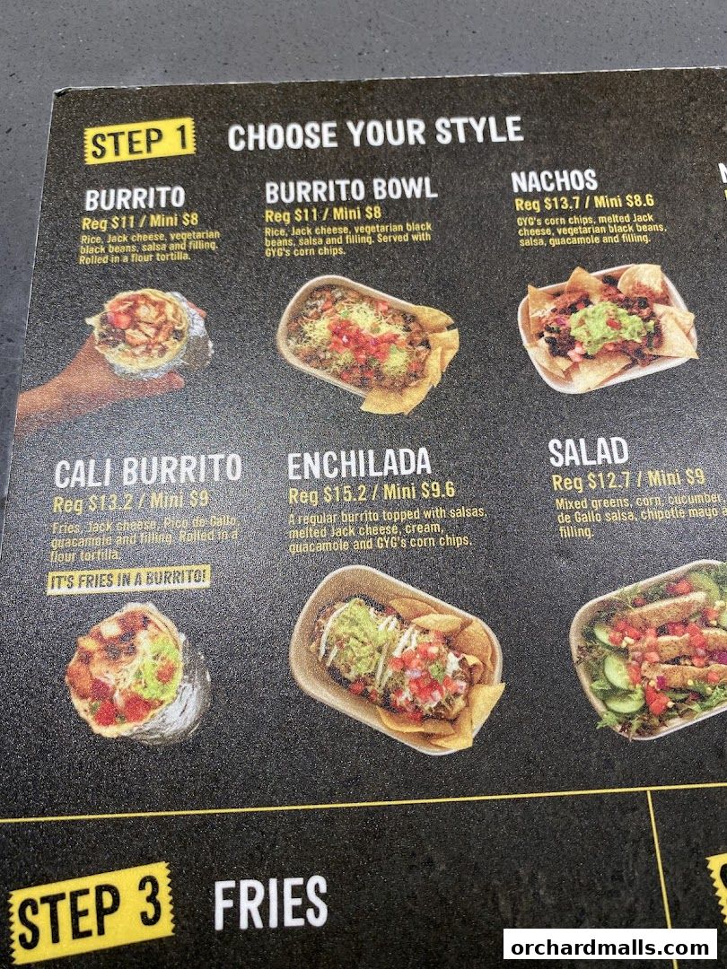 A menu from Guzman y Gomez showcasing various Mexican-inspired dishes like burritos, bowls, nachos, enchiladas, and salads.
