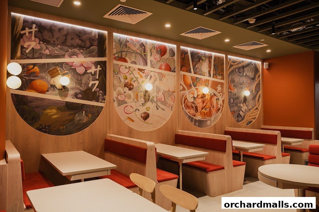 Interior of a restaurant with booth seating and decorative murals on the walls.