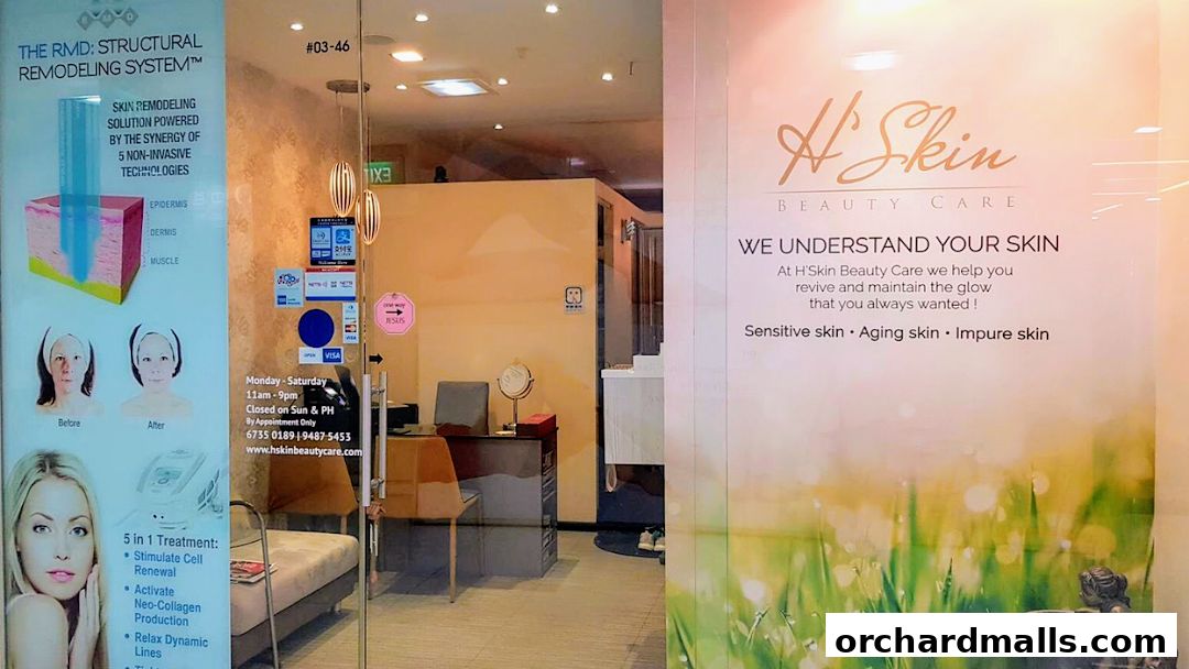 Entrance of H'Skin Beauty Care, showcasing treatments and services for skin rejuvenation.
