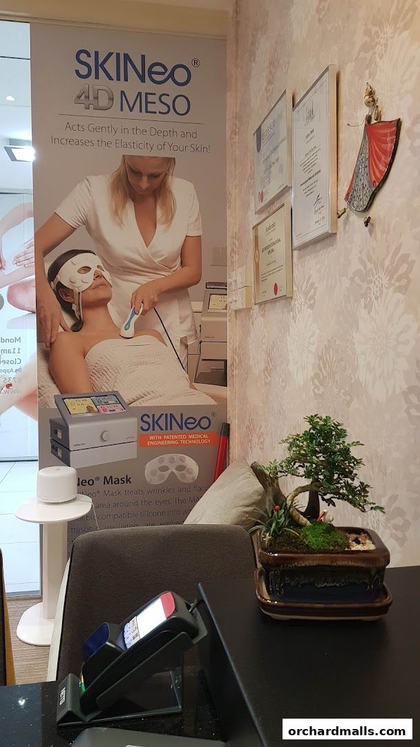 A promotional banner for SKINeo 4D Meso treatments with a bonsai tree and payment terminal.