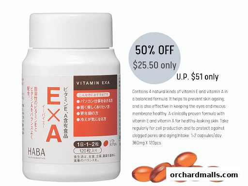 A bottle of HABA Vitamin EXA supplements with a 50% off discount offer.