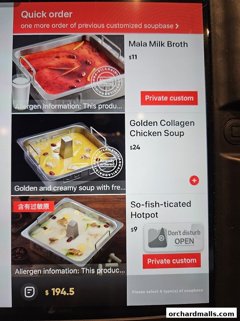 Menu page for 海底捞 Haidilao Hot Pot 313Somerset