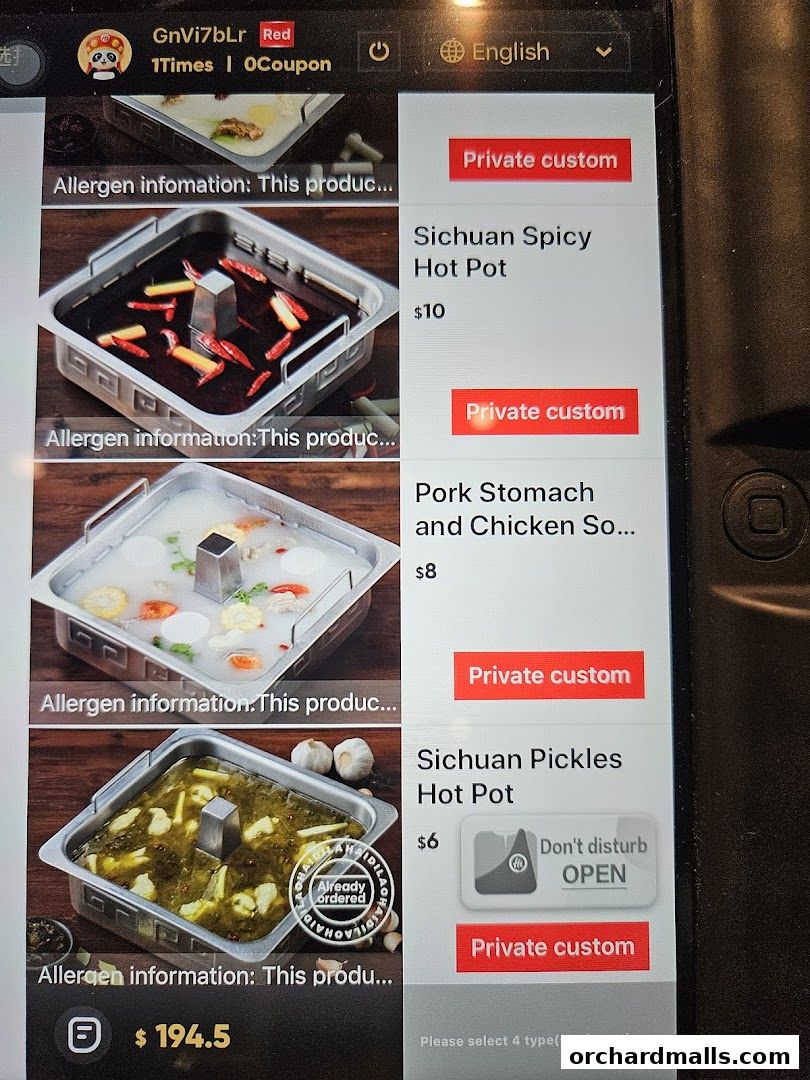 Menu page for 海底捞 Haidilao Hot Pot 313Somerset