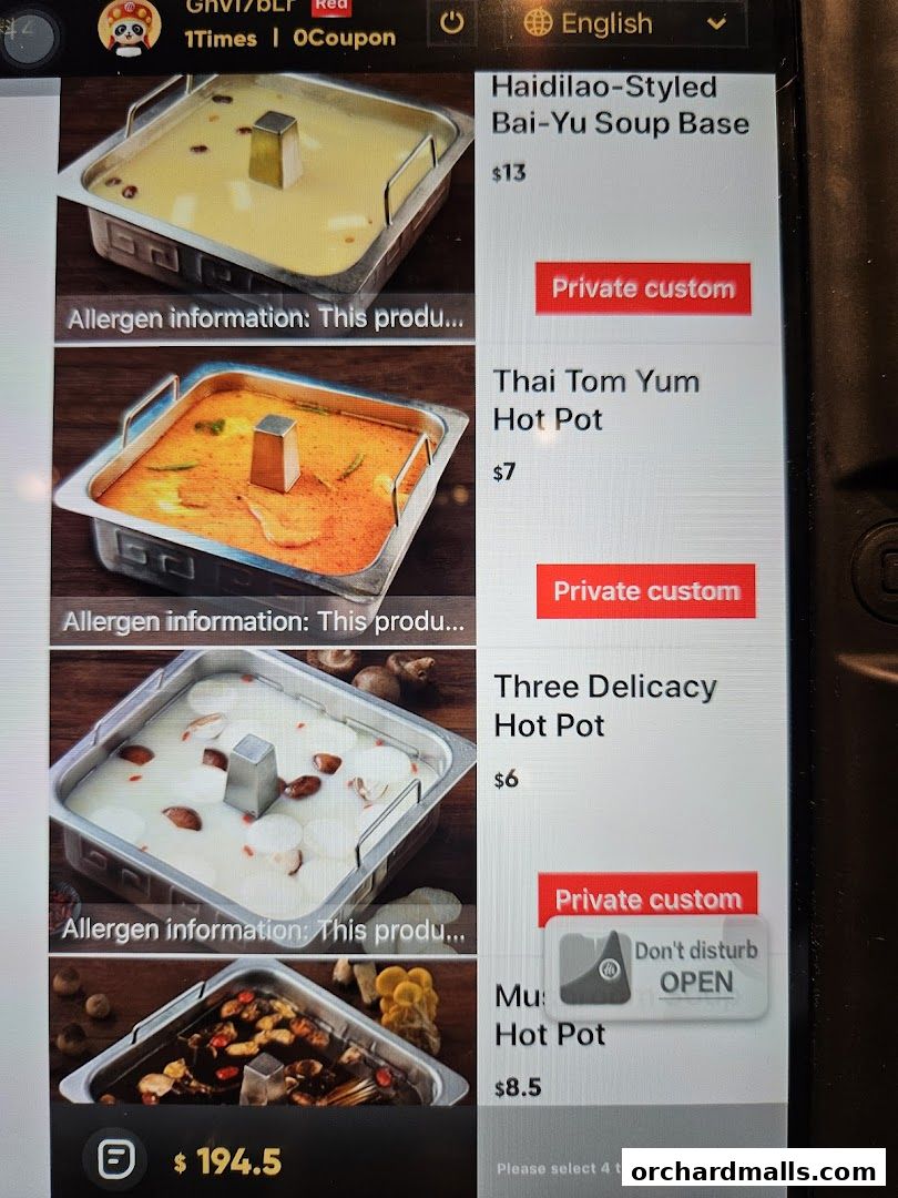 Menu page for 海底捞 Haidilao Hot Pot 313Somerset