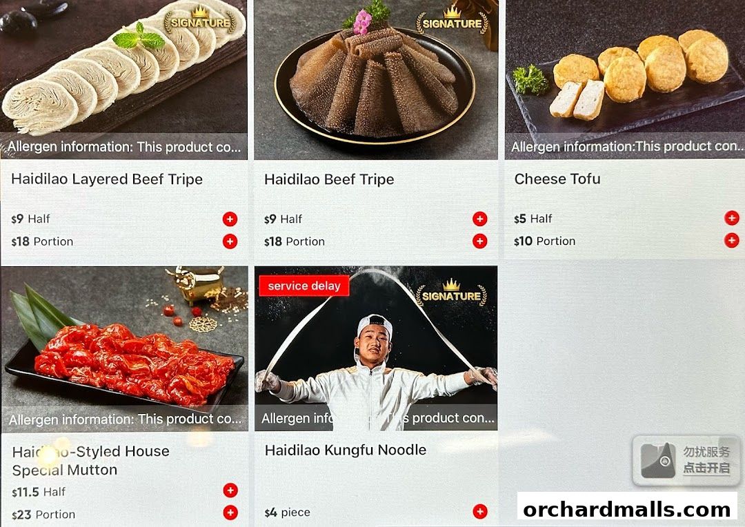 Menu page for 海底捞 Haidilao Hot Pot 313Somerset