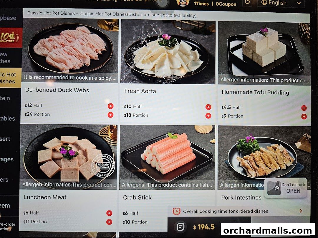 Menu page for 海底捞 Haidilao Hot Pot 313Somerset