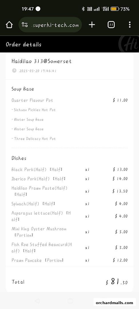 Menu page for 海底捞 Haidilao Hot Pot 313Somerset