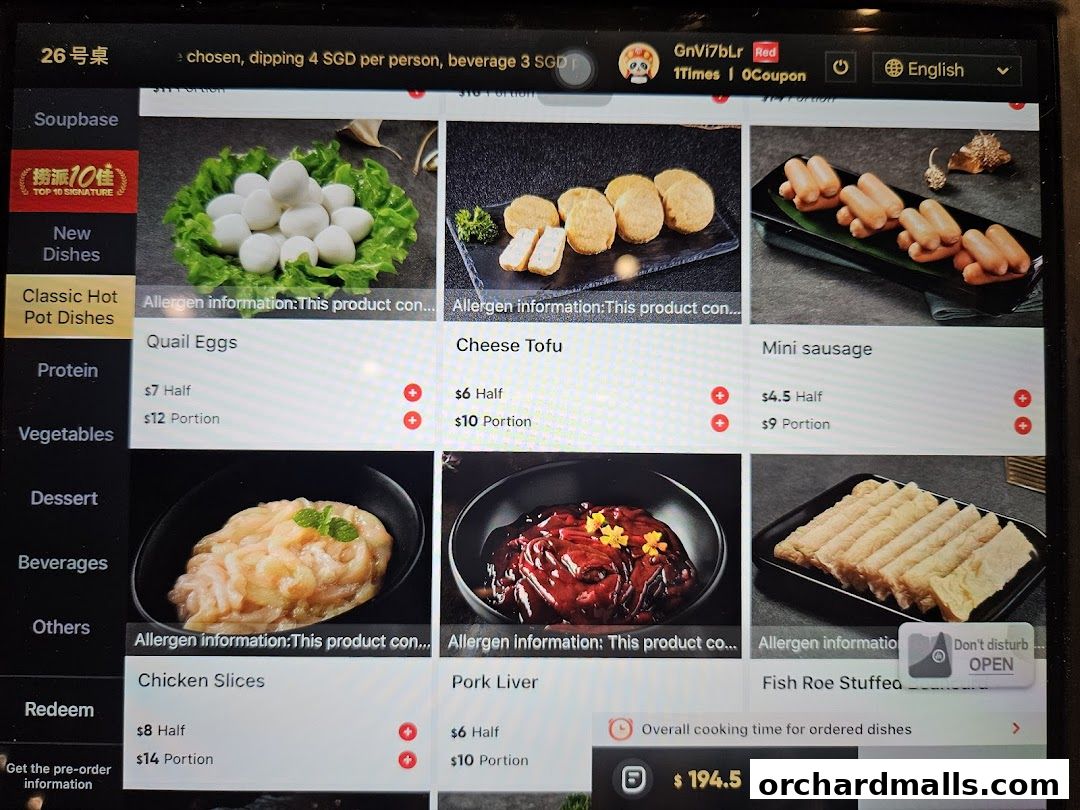 Menu page for 海底捞 Haidilao Hot Pot 313Somerset