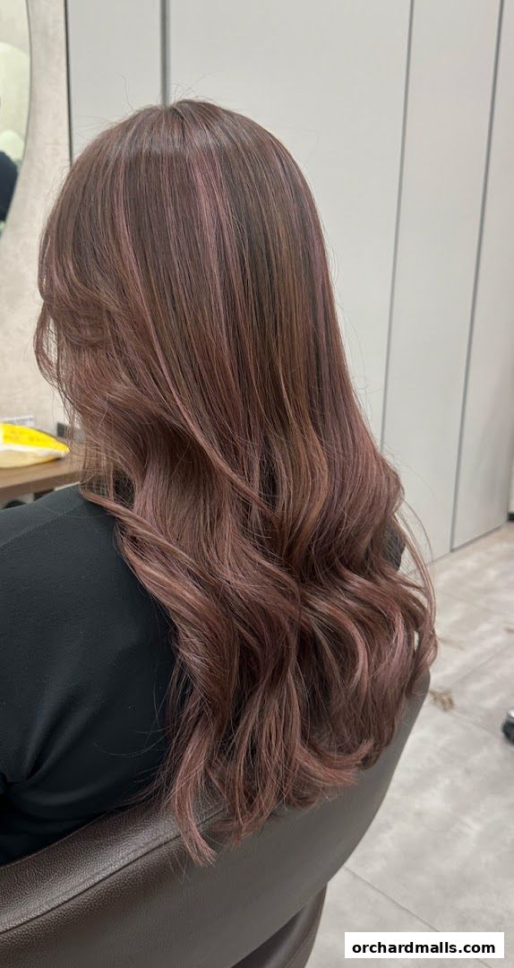 A person with long, wavy, rose-tinted brown hair sitting in a salon chair.