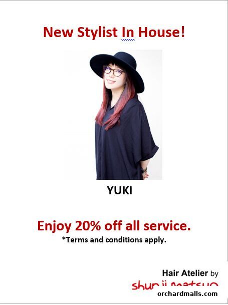 Advertisement for a new stylist, Yuki, offering 20% off all services at Hair Atelier by Shunji Matsuo.