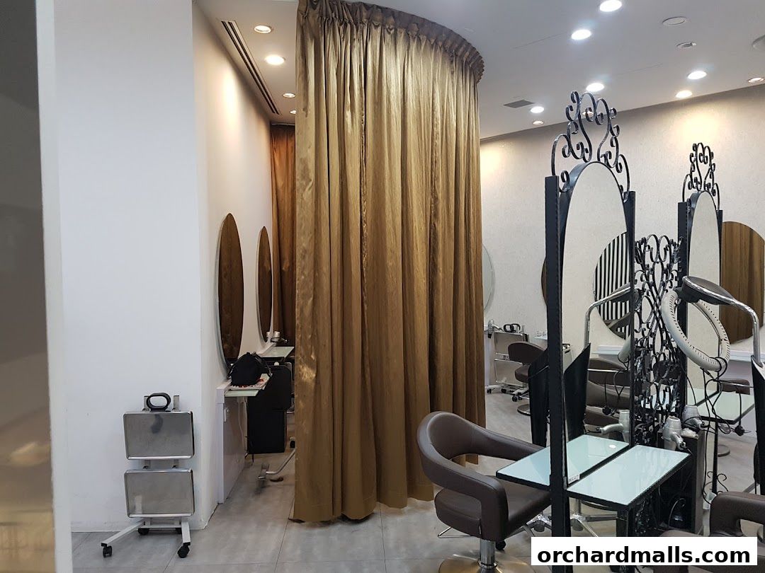 Interior view of a modern hair salon with styling stations, mirrors, and chairs.