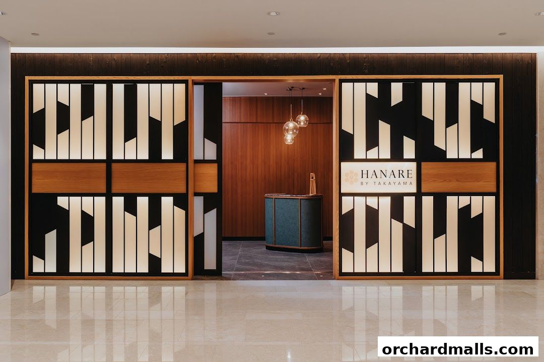 The elegant entrance of Hanare by Takayama restaurant with modern Japanese design.