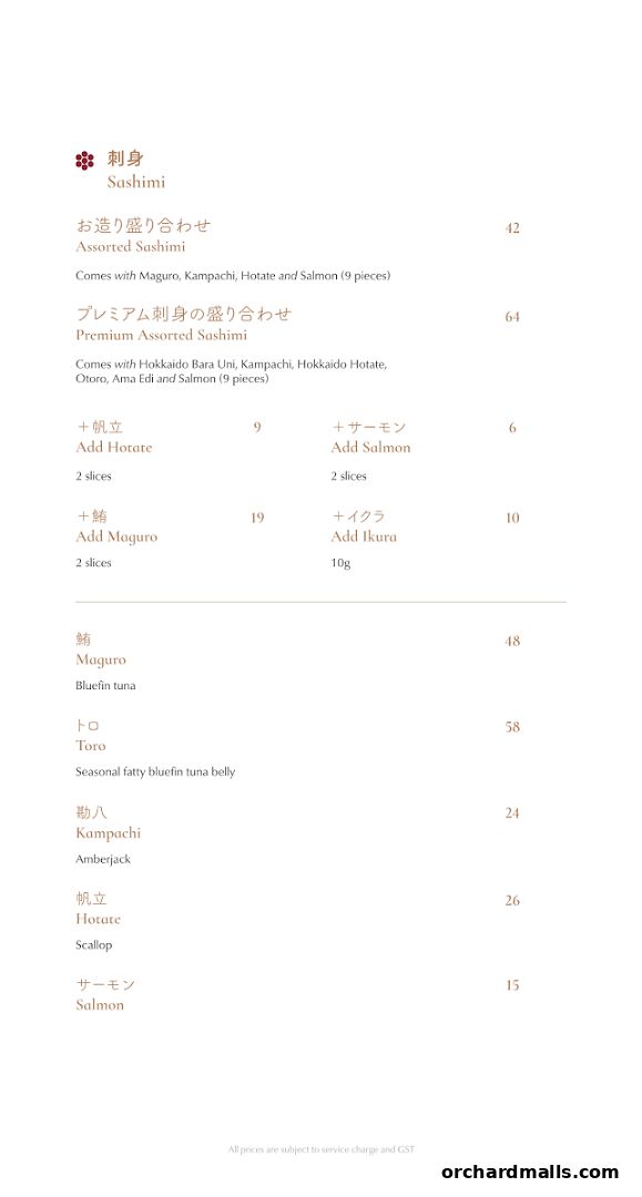A menu page for Hanare, featuring various sashimi dishes and add-ons.