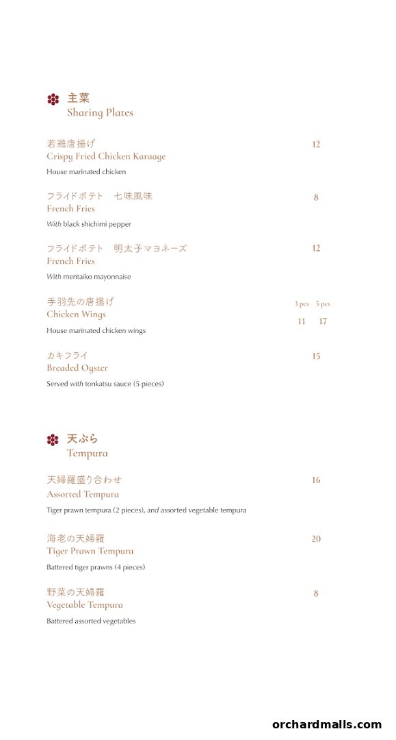 A menu page from Hanare featuring Sharing Plates and Tempura dishes with prices.