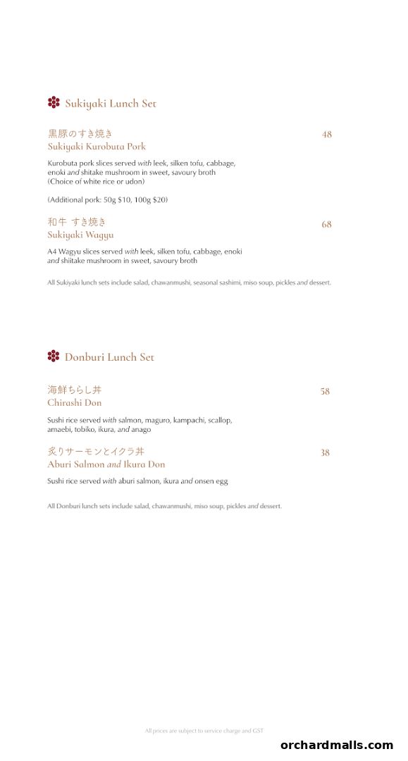 A menu from Hanare featuring Sukiyaki and Donburi lunch sets with detailed descriptions and prices.