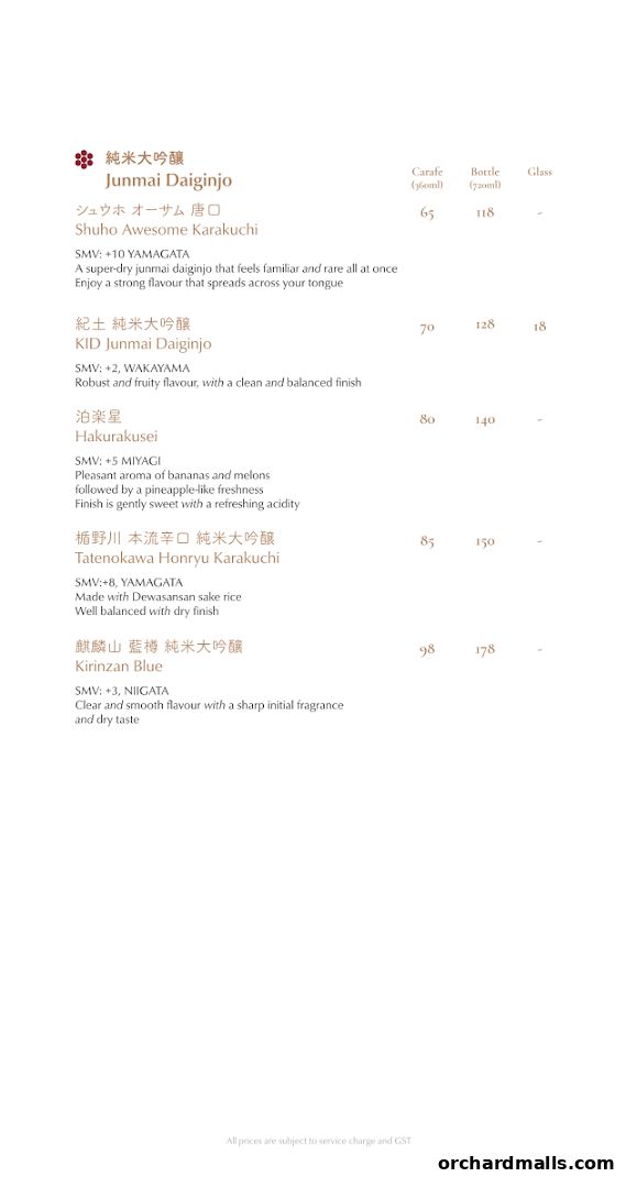 A menu page showcasing various Junmai Daiginjo sakes with descriptions and prices.