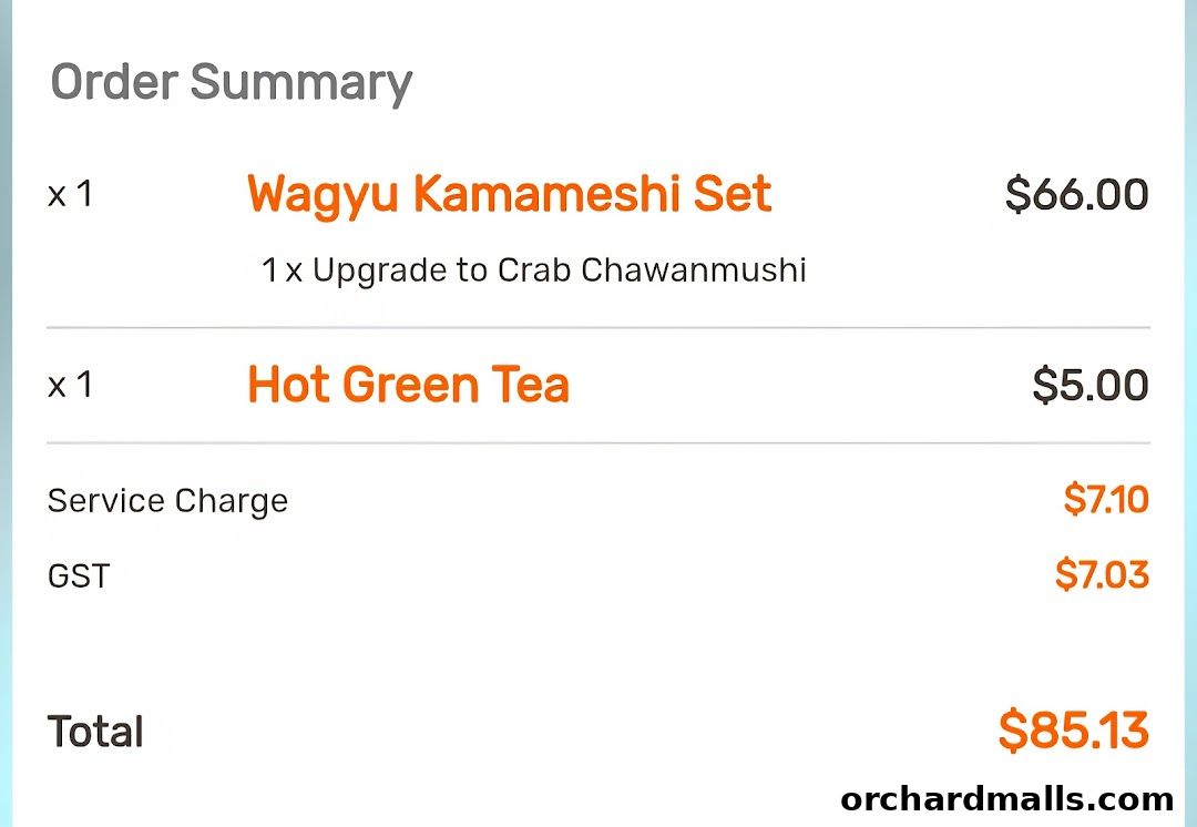 Order summary showing Wagyu Kamameshi Set and Hot Green Tea with total cost.