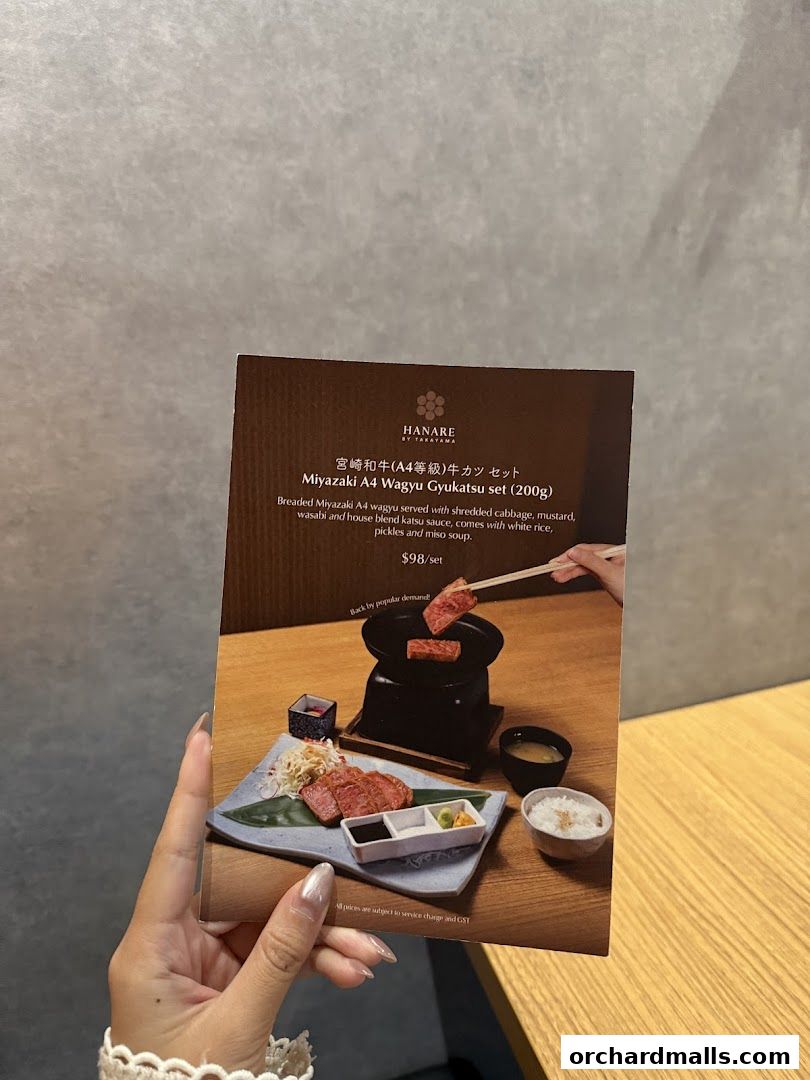 A menu featuring Miyazaki A4 Wagyu Gyukatsu set from Hanare.