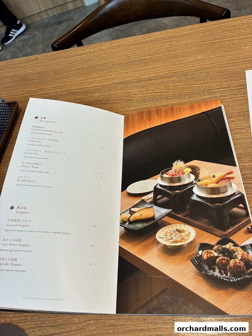 A menu from Hanare restaurant featuring sharing plates and tempura dishes.