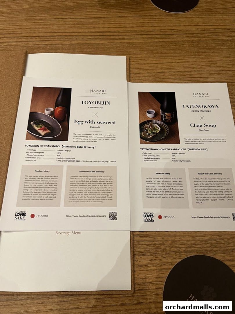 A menu from Hanare featuring two sake pairings: Egg with seaweed and Clam Soup.