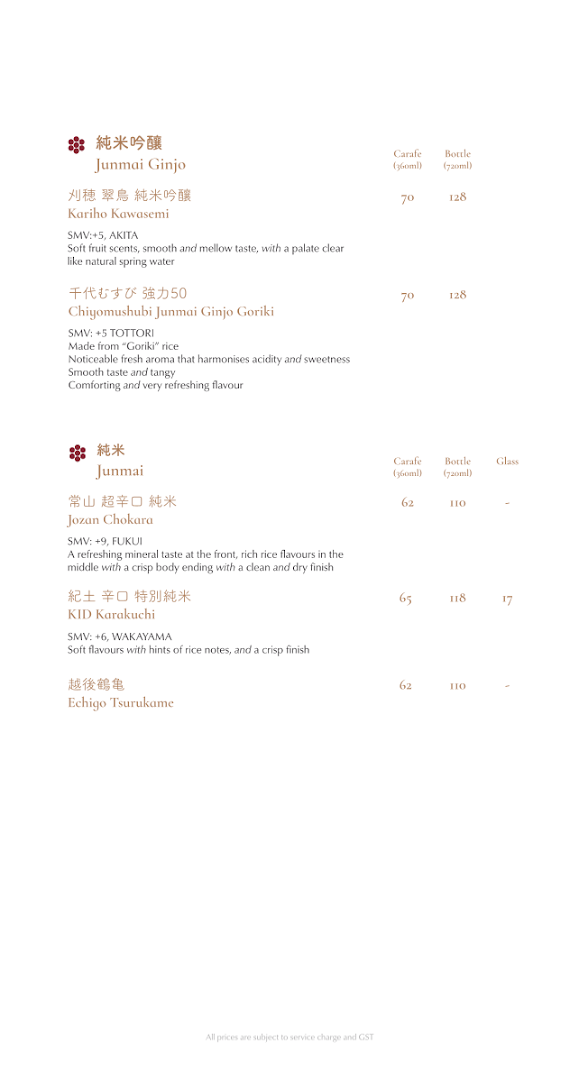 Menu page for Hanare