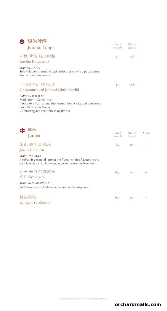 A menu page from Hanare, featuring various types of sake with descriptions and prices.