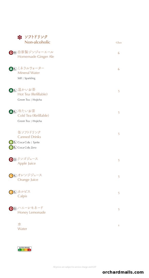 A menu from Hanare featuring non-alcoholic drinks like ginger ale, mineral water, teas, and juices.