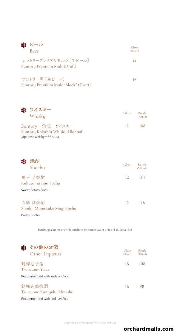 A menu from Hanare featuring a selection of beers, whiskies, shochu, and other liqueurs.