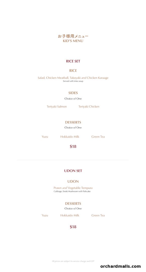 A kid's menu from Hanare featuring rice and udon sets with various sides and desserts.