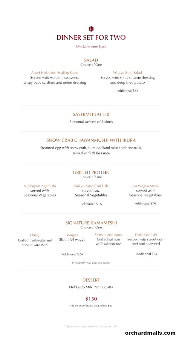 A menu for a 'Dinner Set for Two' featuring salads, sashimi, grilled protein, and dessert.