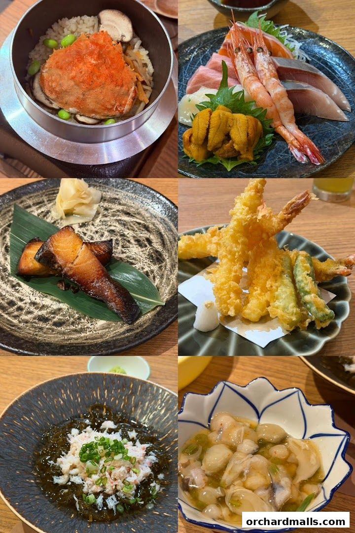 A collage of six delicious Japanese dishes, showcasing seafood and rice.