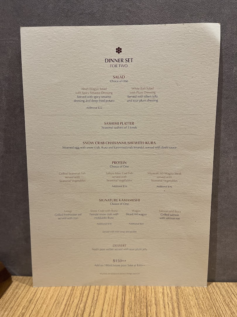 Menu page for Hanare