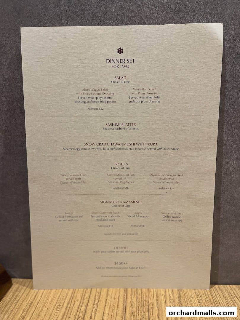A menu for a 'Dinner Set for Two' featuring salads, sashimi, protein, kamameshi, and dessert.