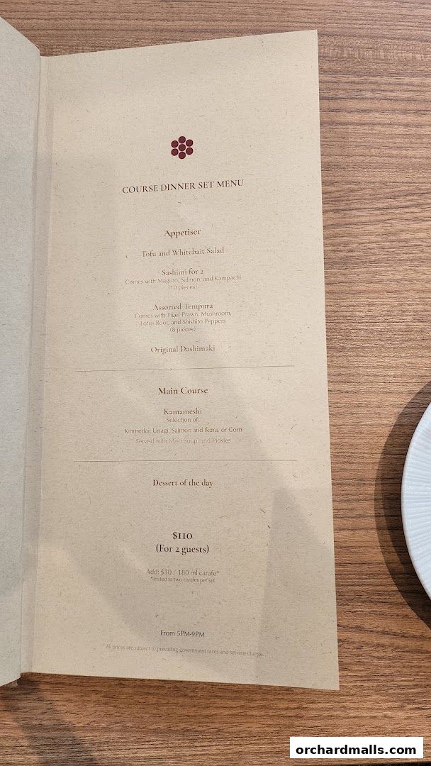 A menu for a course dinner set at Hanare, featuring appetizers, main course, and dessert.