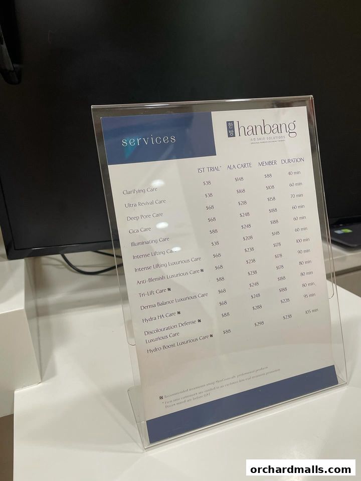 A clear acrylic stand displays a menu of services offered by Hanbang Skin Solutions.