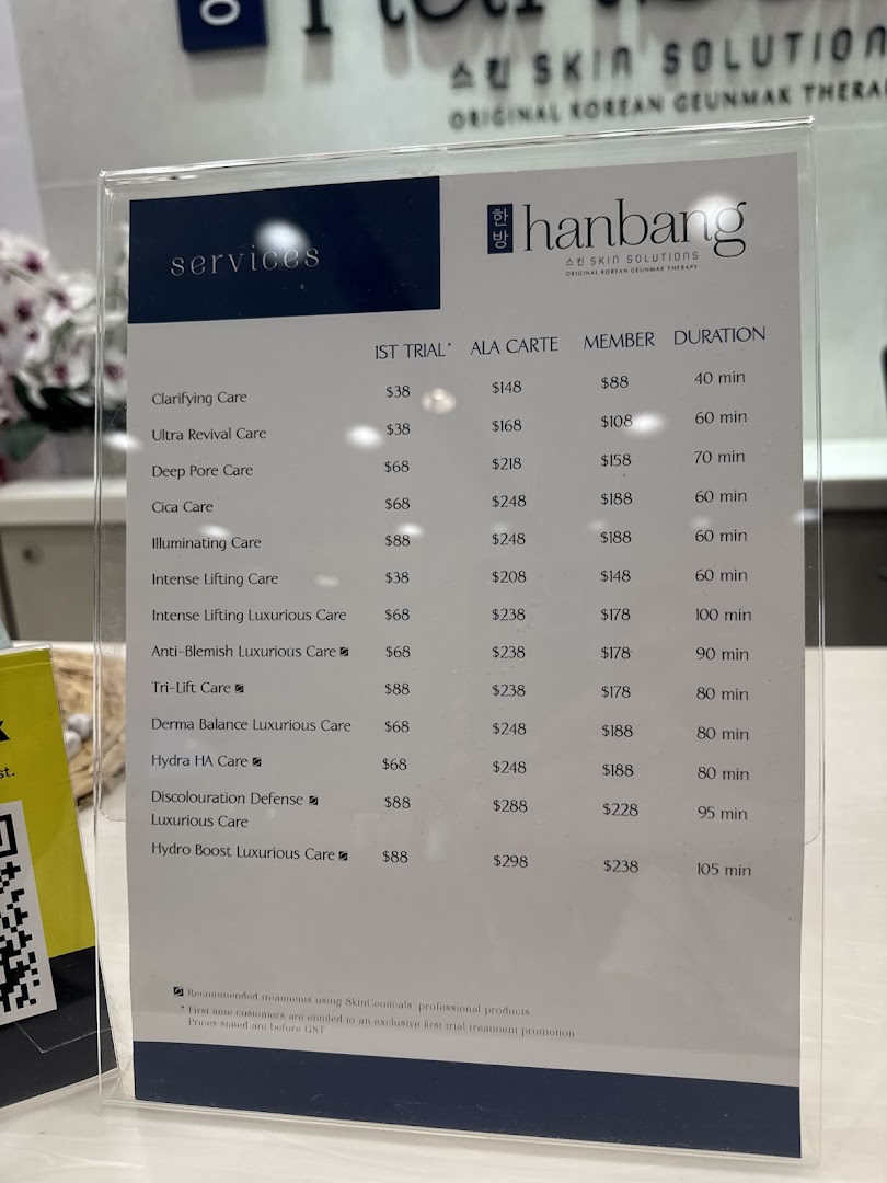 Menu page for Hanbang Skin Solutions