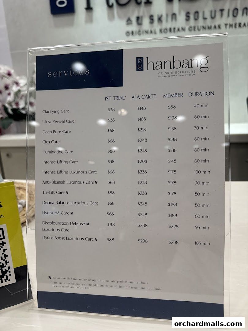 A menu of services offered by Hanbang Skin Solutions, detailing trial, a la carte, and member prices.
