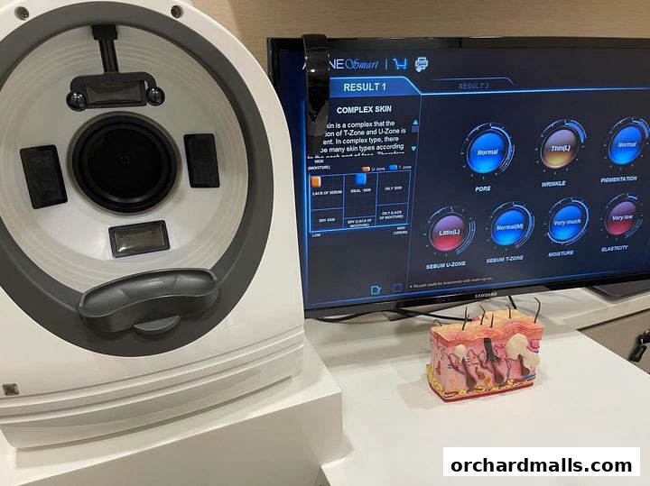 Skin analysis machine and display showing skin types and results.
