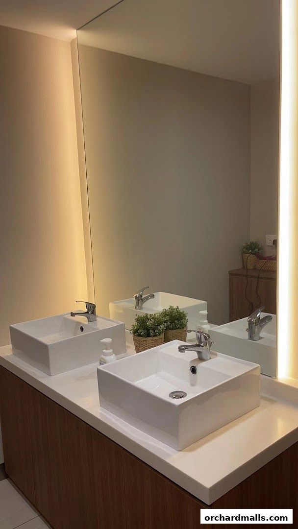 Modern bathroom vanity with two sinks, faucets, and decorative plants.