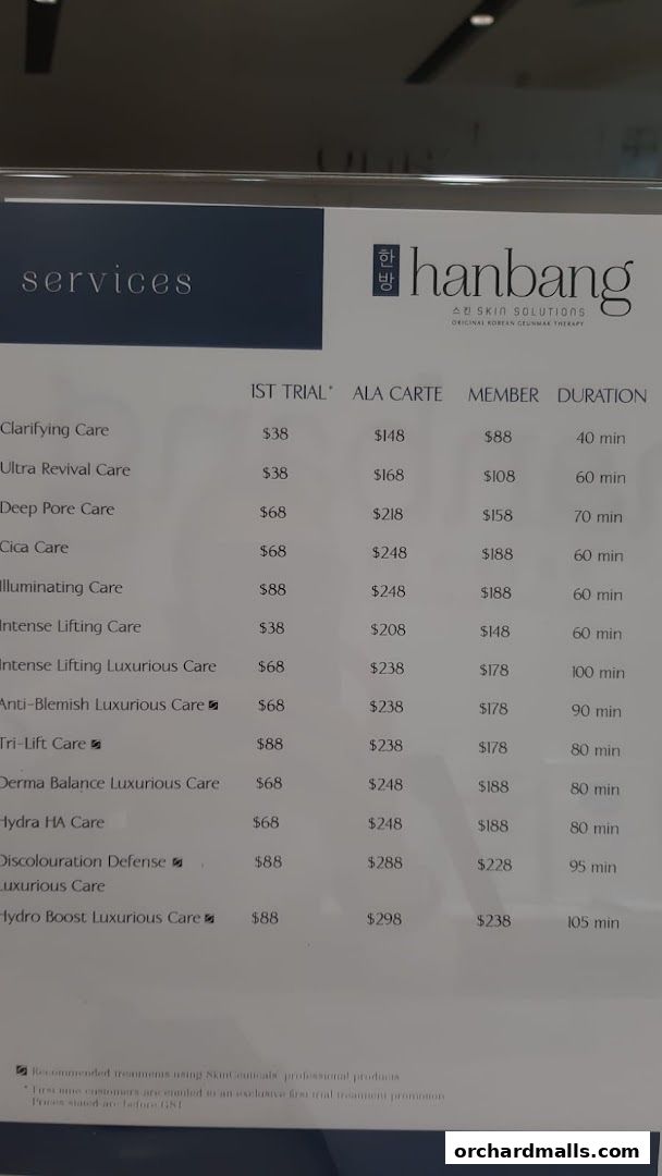 A price list for various skin care treatments offered by Hanbang Skin Solutions.
