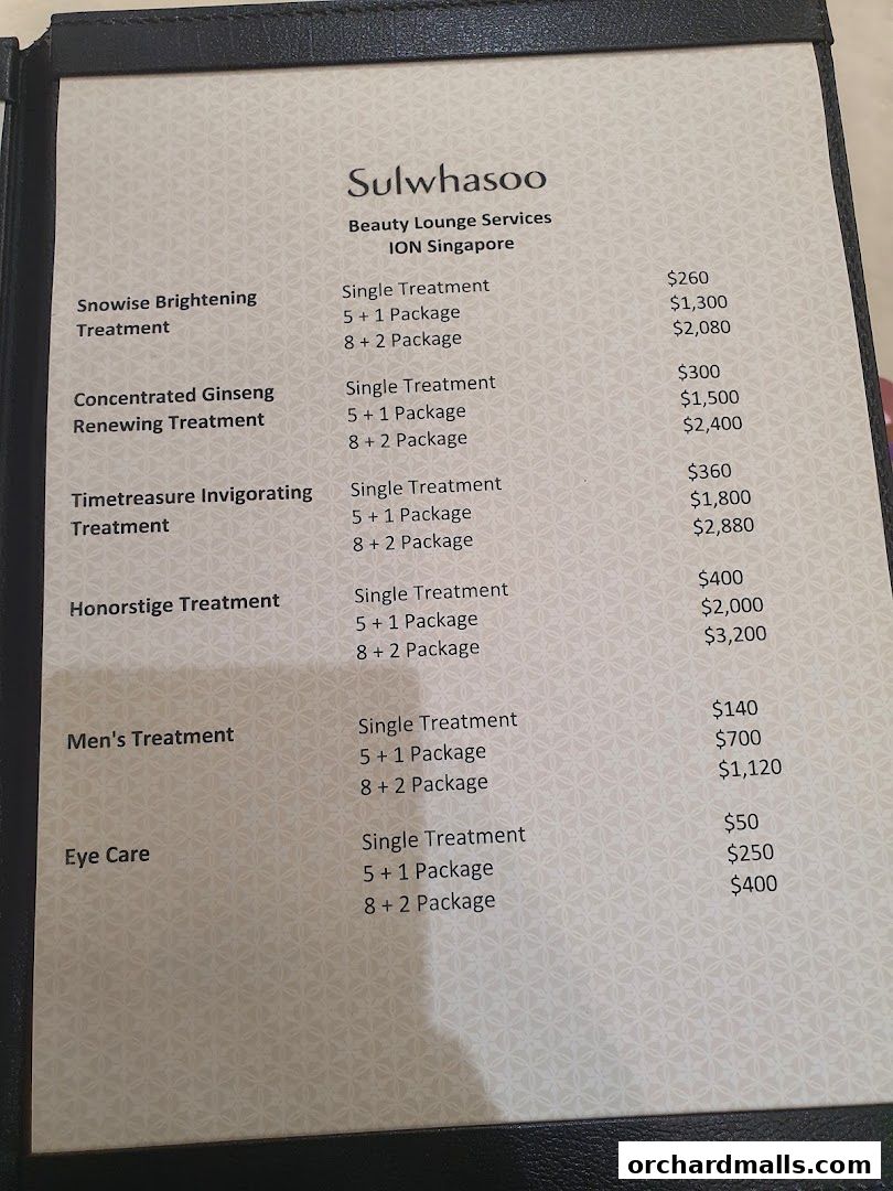 A menu from Sulwhasoo Beauty Lounge Services at ION Singapore detailing treatment packages and prices.