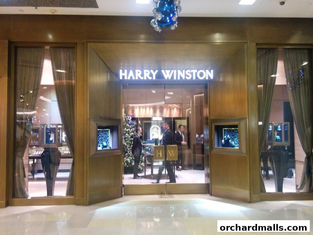 The elegant entrance of a Harry Winston jewelry store, featuring illuminated signage and display windows.
