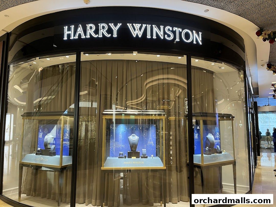 The elegant storefront of Harry Winston, showcasing exquisite jewelry in illuminated display cases.