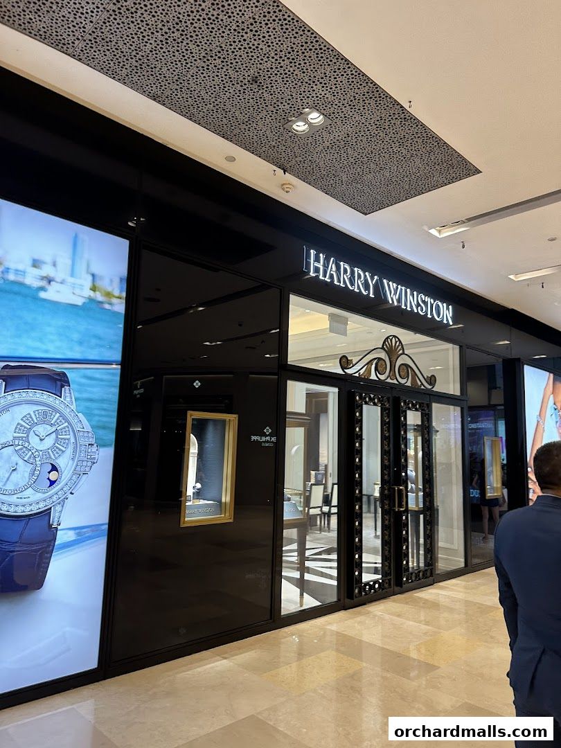 The elegant storefront of Harry Winston, featuring illuminated signage and large display windows showcasing luxury watches.
