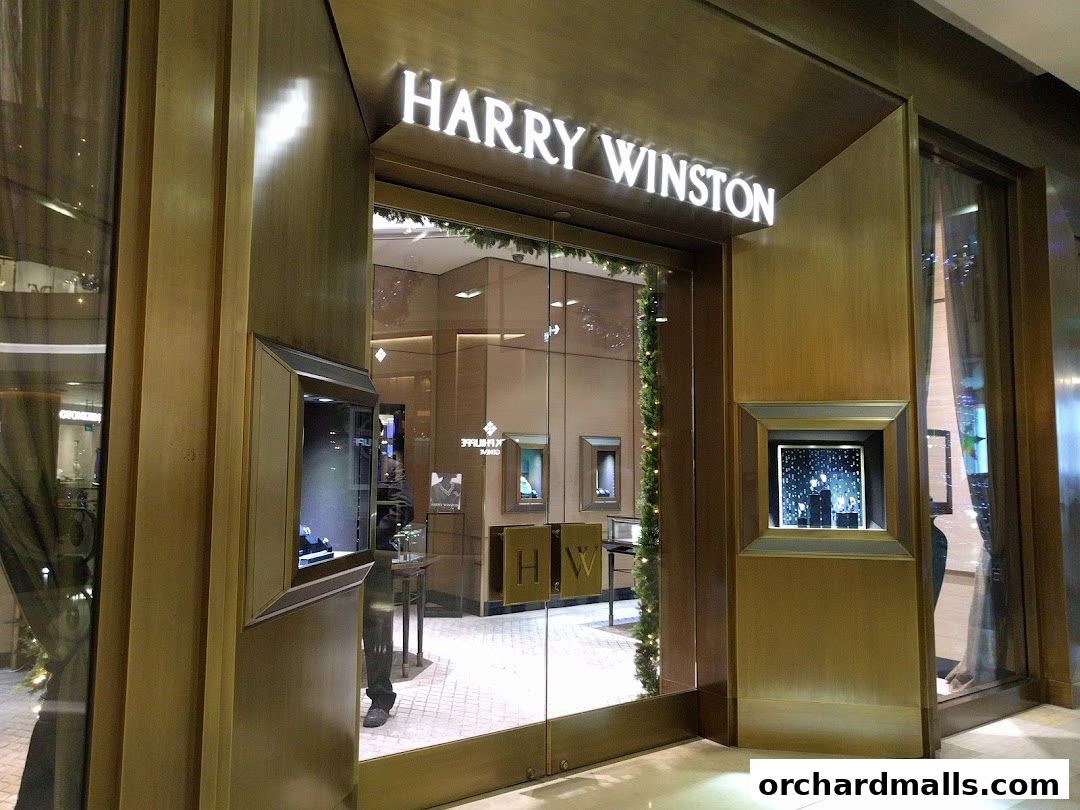 The elegant entrance of a Harry Winston jewelry store with illuminated signage and display windows.